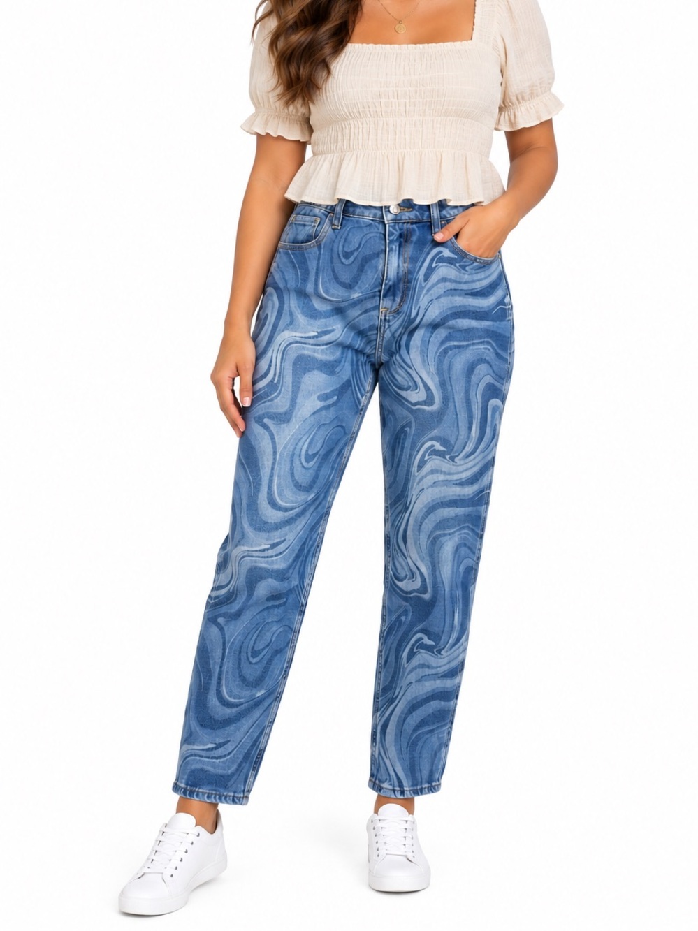 Hollister Jeans Size 7R (W28 L27) Curvy High Rise Swirl Print Blue Denim